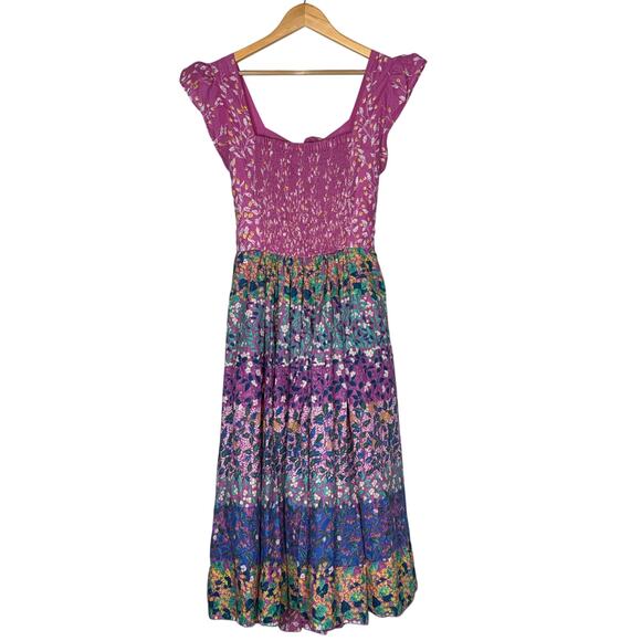 Caroline Constas Floral Smocked Tiered Tie Back Midi Dress Large Cottage Boho - Picture 2 of 10